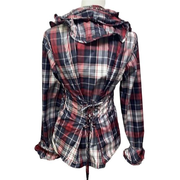Boston Proper Womens Taffeta Tartan Ruffle Full Zip Blouse 12 Plaid Multi Corset - Picture 2 of 9